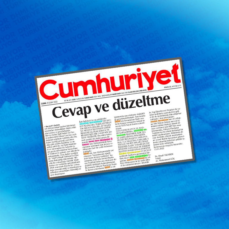 7 OCAK 2022 TARİHLİ CUMHURİYET GAZETESİ'NDE SEFA UYAR İMZASI İLE YAYINLANAN HABERE İLİŞKİN CEVAP VE DÜZELTME