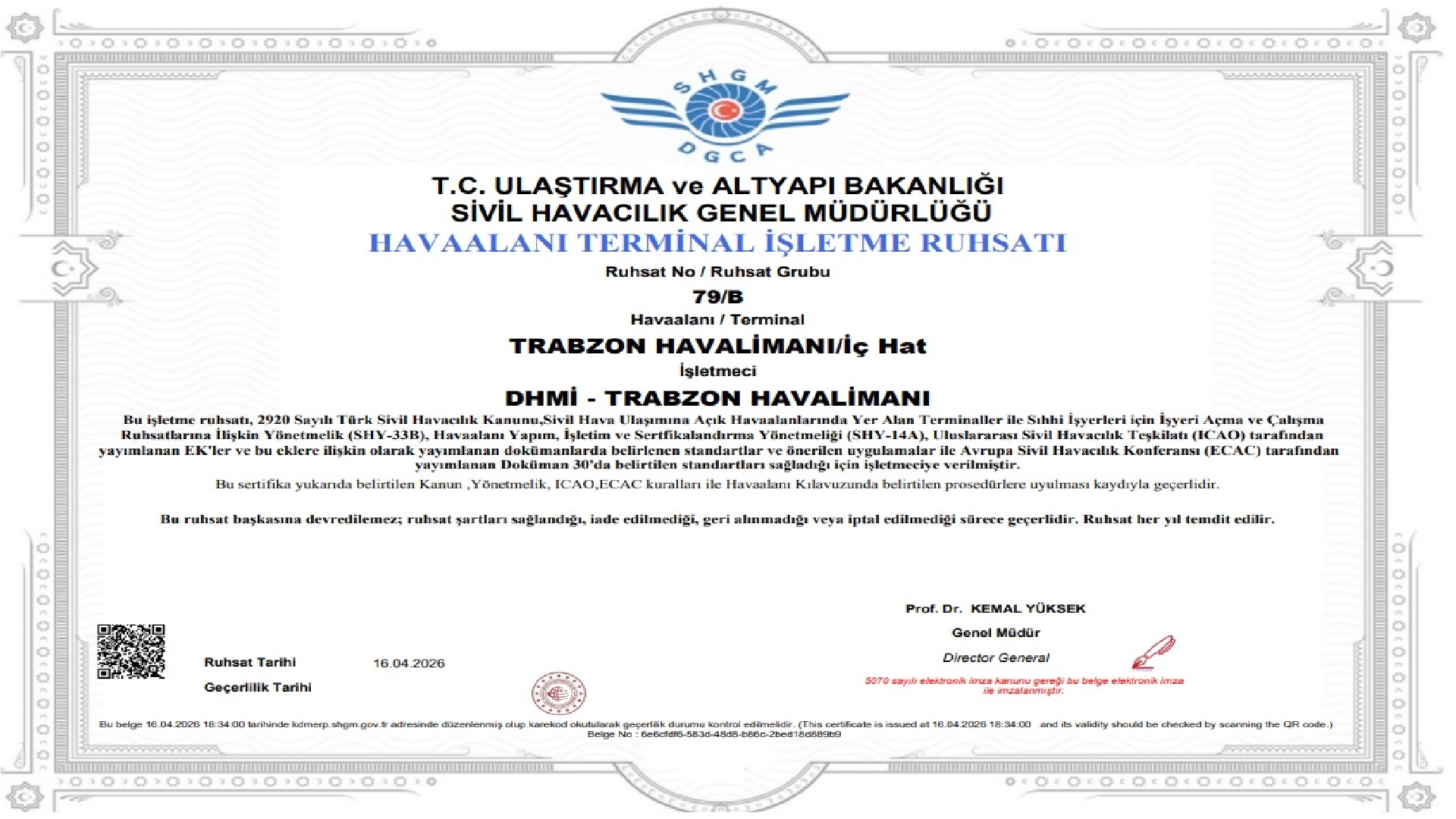 Trabzon Havalimanı İç ve Dış Hatlar Terminalleri Ruhsatlandırıldı.