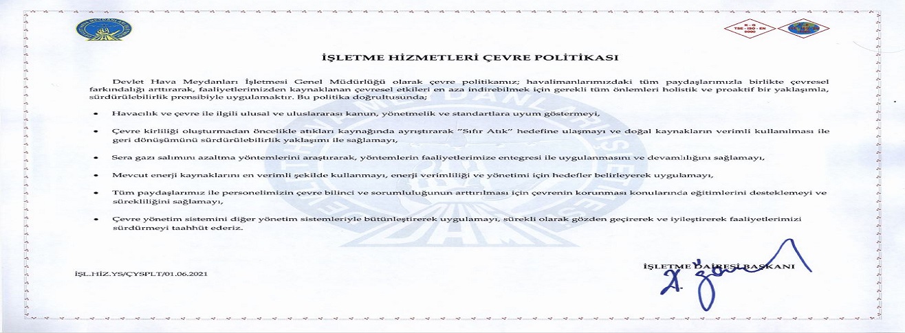 DHMİ İşletme Hizmetleri Çevre Politikası